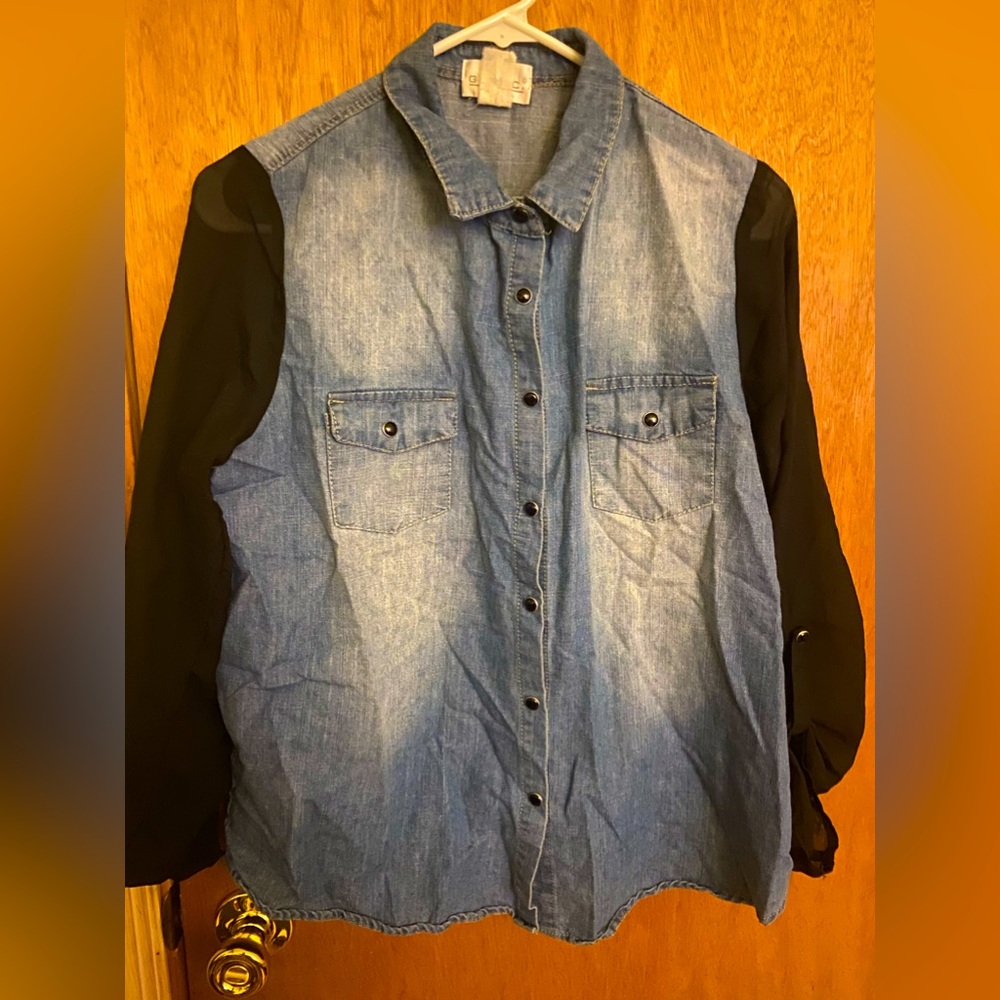 Geri c New York denim button down shirt with sheer black sleeves in medium